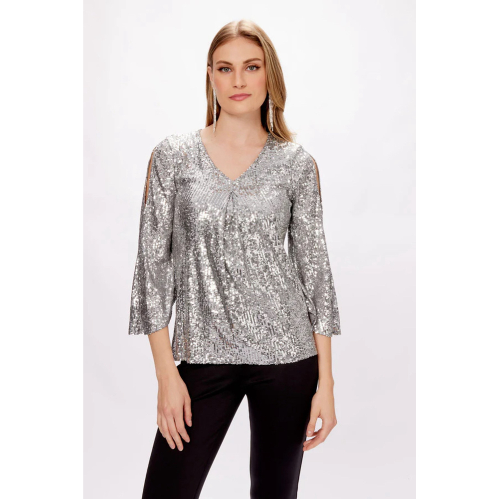 Joseph Ribkoff Silver Sequin Bell Sleeve Flared Top, Size 6